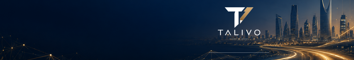 A Saudi city skyline at night with the TALIVO logo and gold light trails